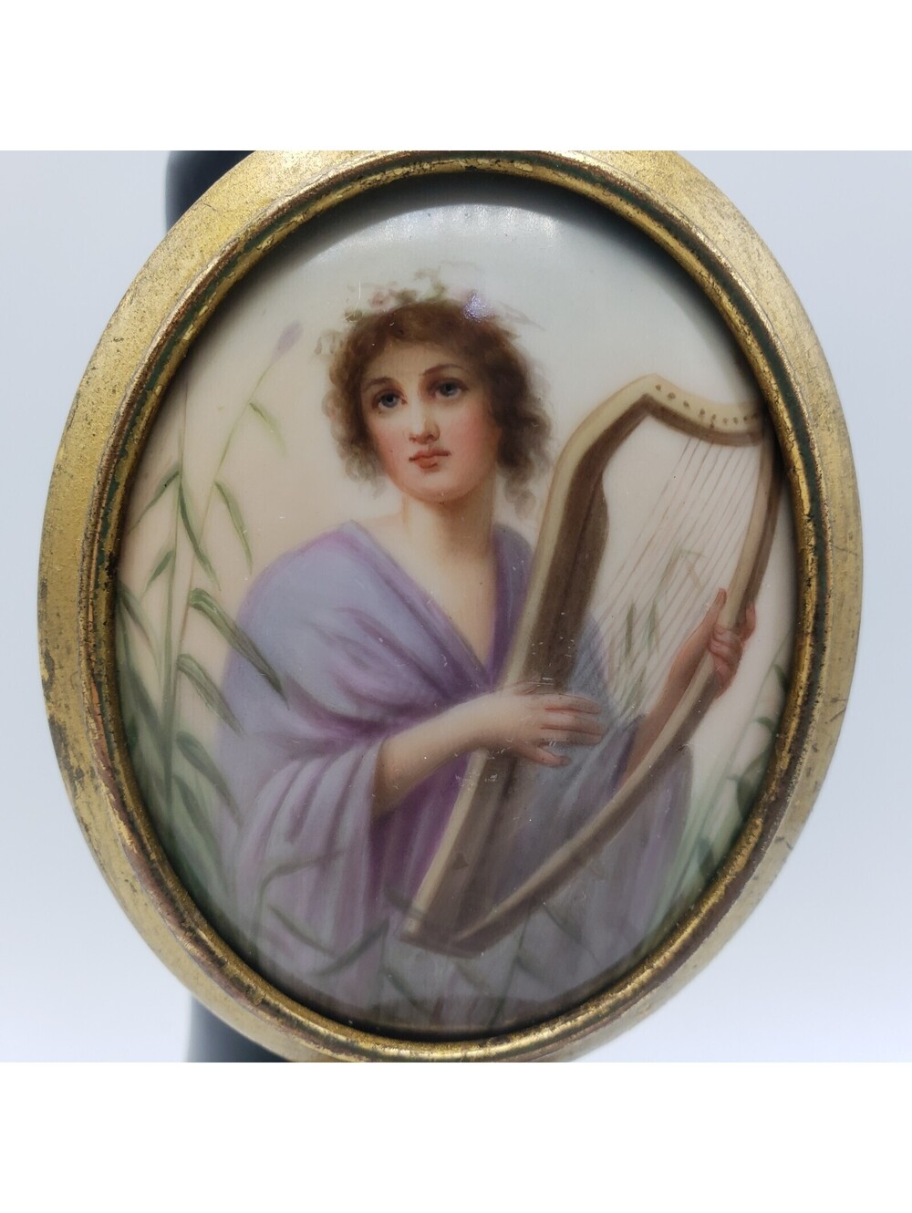 Antique Hand Painted Over Porcelain Plaque Wall Hanging Lady Harp Brass 4" Mini